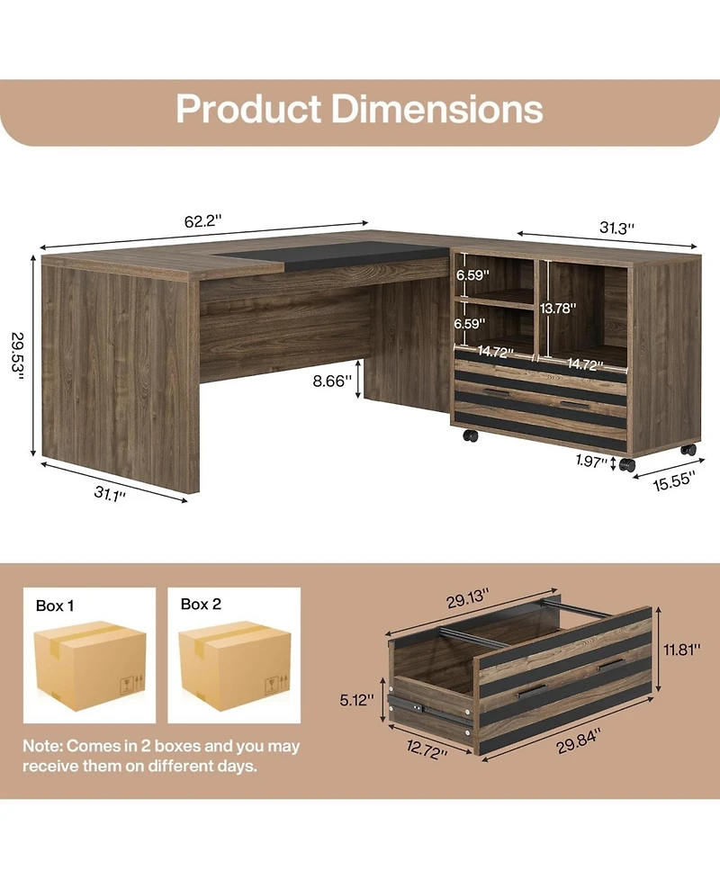 Tribesigns 62.2" Executive Desk with Mobile File Cabinet, L-Shaped Office Storage Shelves, Large Computer Business Workstation
