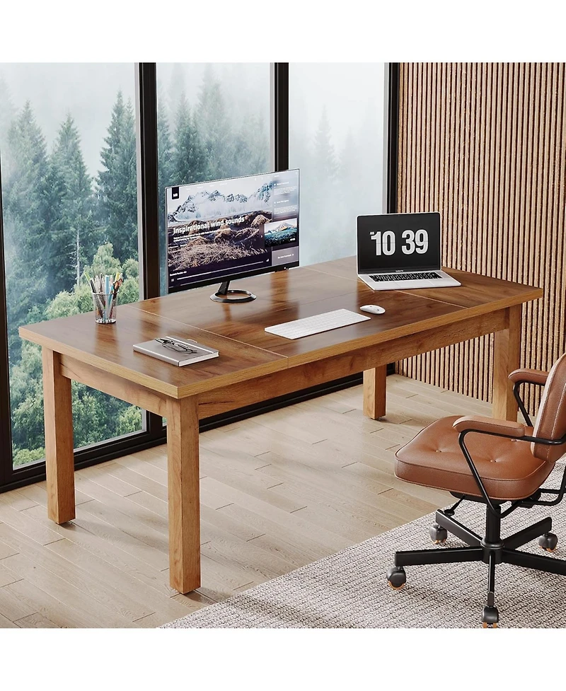 Tribesigns 70 Inch Large Computer Desk, Farmhouse Office Desk Writing Study Desk with Solid Wood Leg's, Executive Desk with Thickened Frame and Board