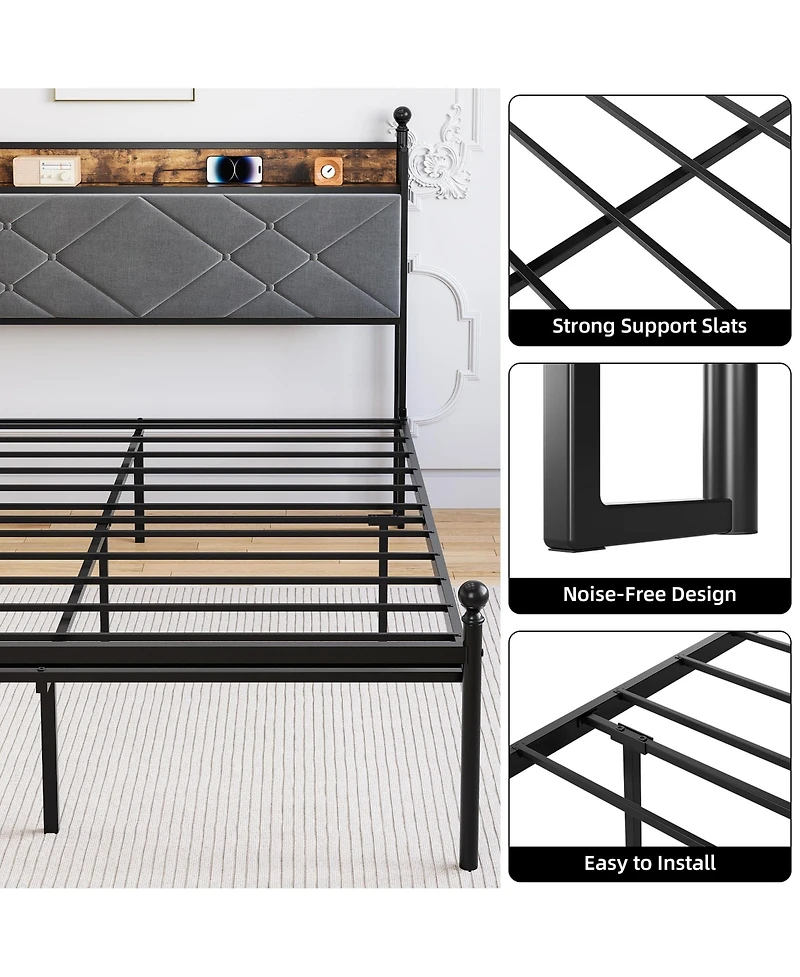 gaomon Bed Frame, Metal Canopy Platform Bed Frame with with Linen Storage Headboard Usb Ports & Outlet