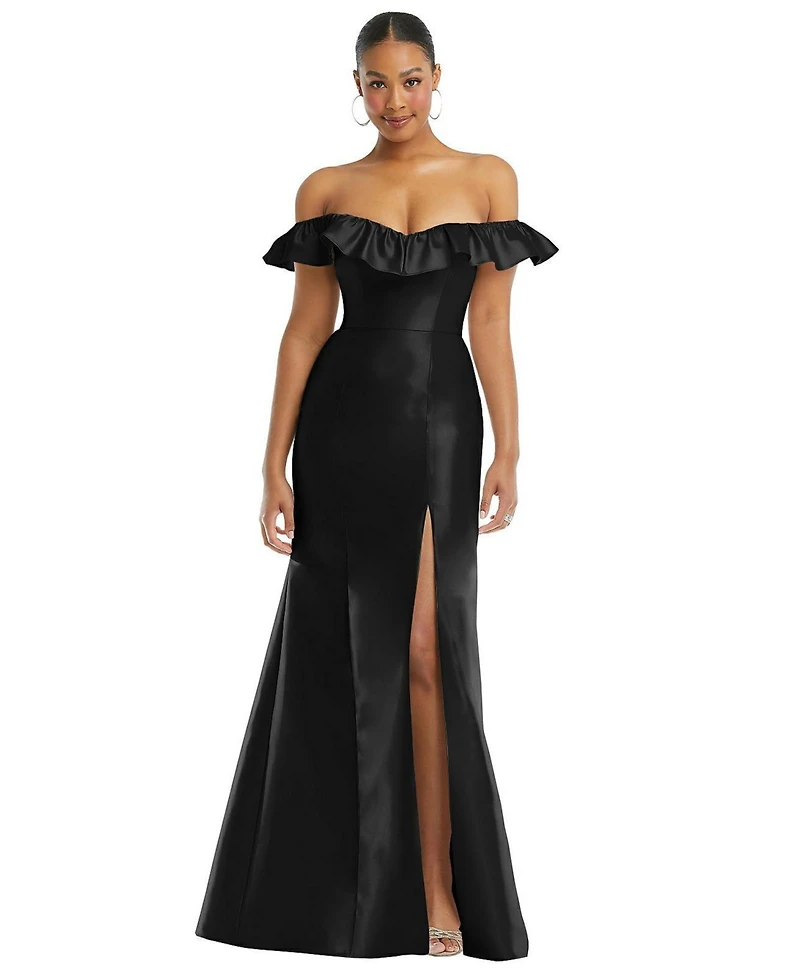 Alfred Sung Women's Off-the-Shoulder Ruffle Neck Satin Trumpet Gown