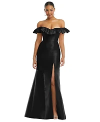 Alfred Sung Women's Off-the-Shoulder Ruffle Neck Satin Trumpet Gown