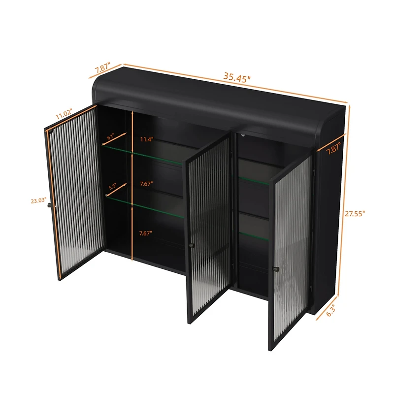 Streamdale Furniture 3 Door Arched Wall Mounted Glass Cabinets for Kitchen, Living Room and Bathroom(Black)