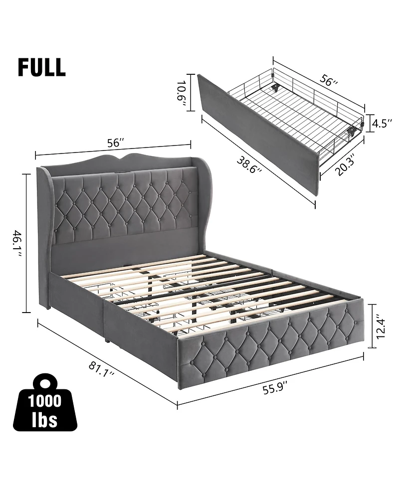 gaomon Full Size Grey Velvet Bed Frame with 4 Convenient Storage Drawers, Wingback Headboard with Charging Station