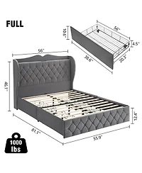 gaomon Full Size Grey Velvet Bed Frame with 4 Convenient Storage Drawers, Wingback Headboard with Charging Station