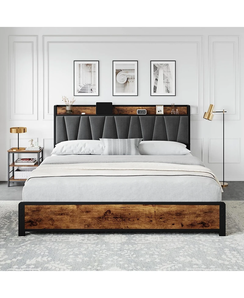 gaomon King Size Bed Frame with Storage Linen Upholstered Headboard