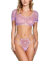 Hauty Women's Sheer Daisy Embroidery Lingerie Set