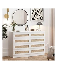 8 Drawer Double Dresser For Bedroom, Rattan Chest Of Dressers, Modern Wooden Dresser Chest