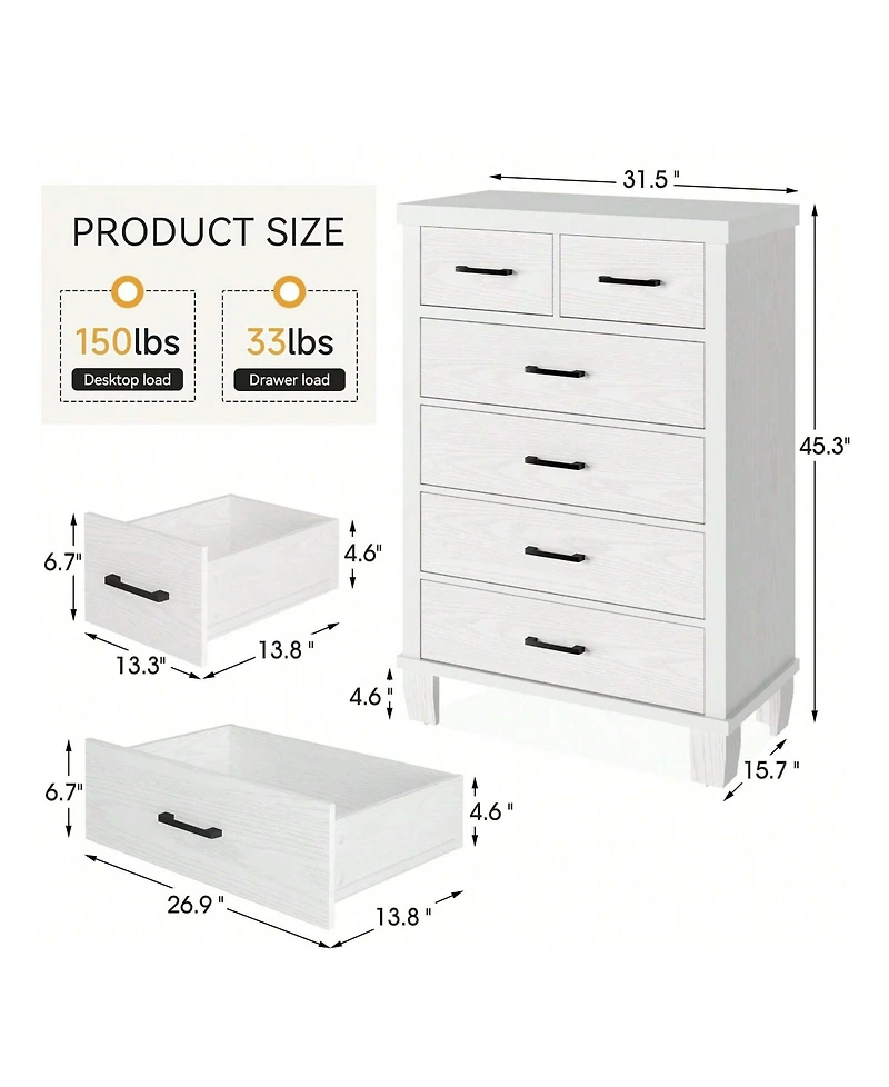 Dresser For Bedroom, 6 Drawer Dresser With Metal Handles, White Chest Of Drawers Closet Organizers And Storage Clothes, Wood Drawer Dresser For Closet