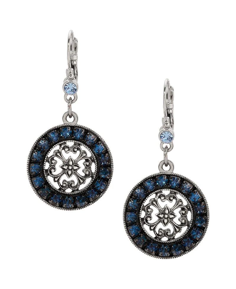 2028 Blue Crystal Round Filigree Drop Earrings