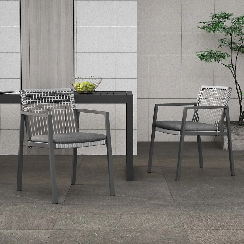 Streamdale Furniture Outdoor Dining Set, Aluminum Dining Chair Set of 6 with Rope + Aluminum Dining Table, Gray+Black