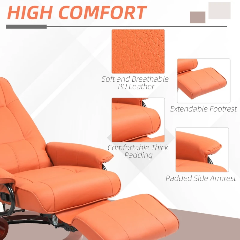 Faux Leather Manual Recliner, Adjustable Swivel Lounge Chair with Footrest, Armrest and Wrapped Wood Base for Living Room, Orange