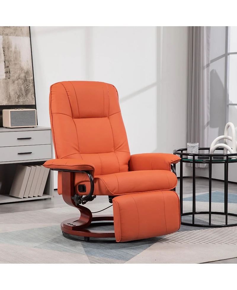 Faux Leather Manual Recliner, Adjustable Swivel Lounge Chair with Footrest, Armrest and Wrapped Wood Base for Living Room, Orange