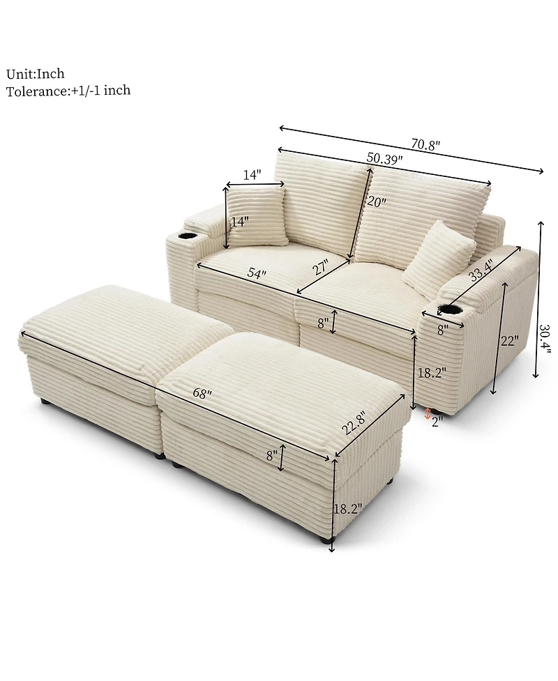 Streamdale Corduroy Modular Loveseat with Ottomans and Pillows