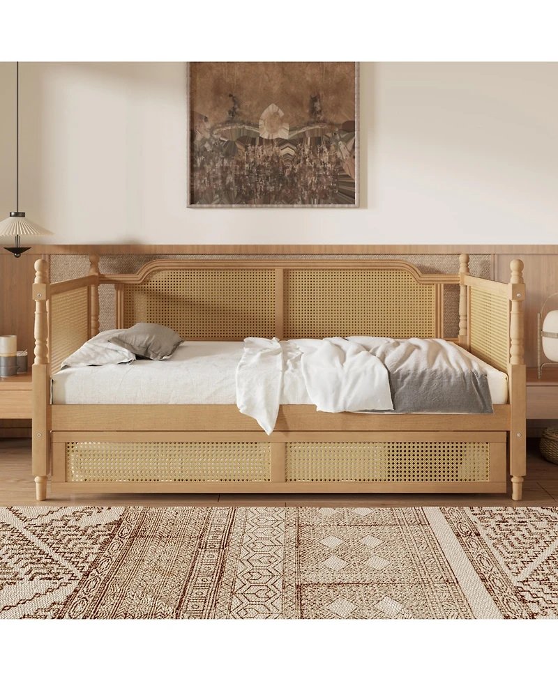 Streamdale Furniture Traditional Style Rattan Full Size Daybed with Full Size Trundle for Limited Space, Guest Room, No Box Spring Needed,Antique Waln