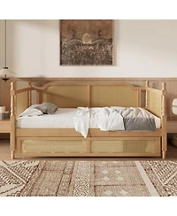 Streamdale Furniture Traditional Style Rattan Full Size Daybed with Full Size Trundle for Limited Space, Guest Room, No Box Spring Needed,Antique Waln
