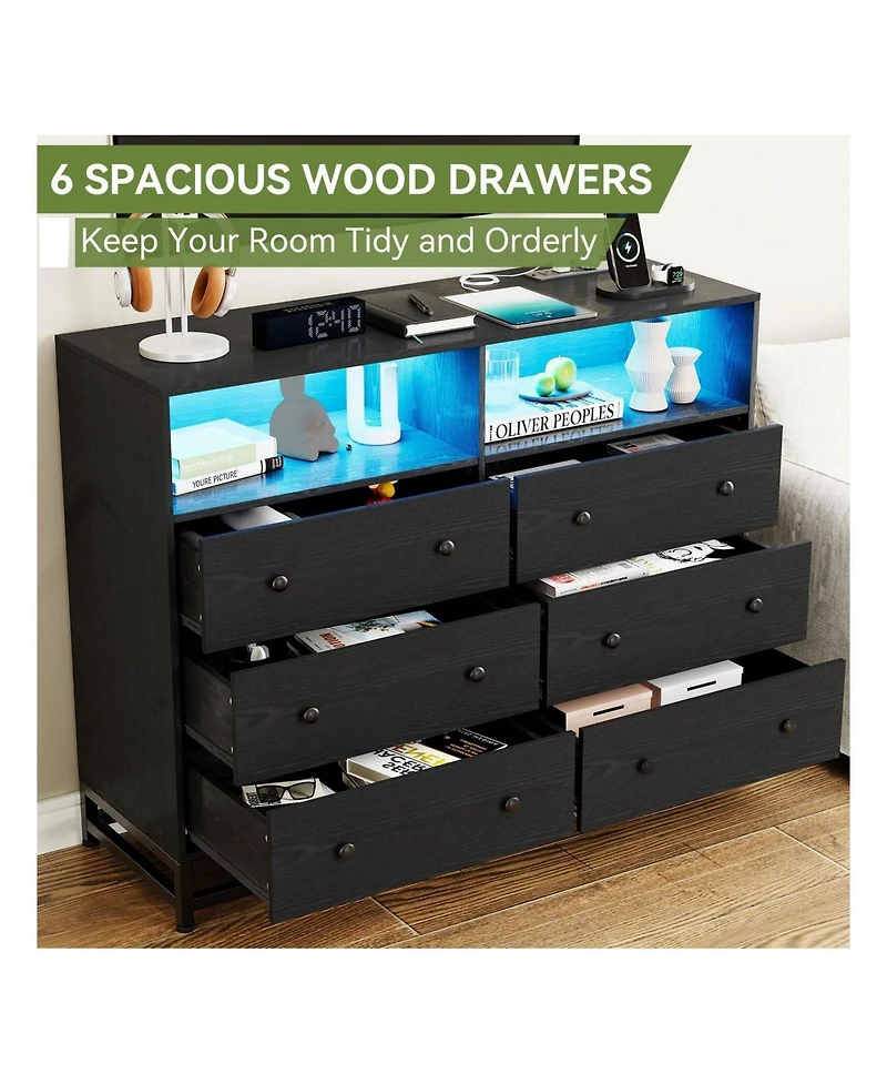 gaomon 6 Drawer Double Dresser Tv Stand, Bedroom Dresser With Power Outlet & Led Light, Wood Dresser For Room, Hallway, 47.2''W 15.8''D 36.2''H