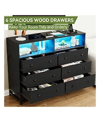 gaomon 6 Drawer Double Dresser Tv Stand, Bedroom Dresser With Power Outlet & Led Light, Wood Dresser For Room, Hallway, 47.2''W 15.8''D 36.2''H