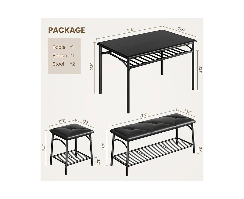 gaomon Dining Table with Benches, Kitchen Set for 4, Room Upholstered Bench and Square Stools, Metal Wood