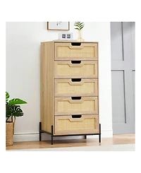 Modern Rattan 5 Drawers Dresser, Double Dresser For Bedroom