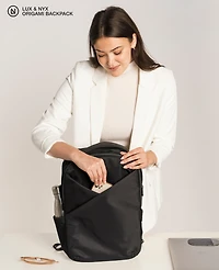 Daily Origami Backpack - 16inch Laptop Bag Black Ultra Satin Nylon Unisex Work and Travel Multi-Compartment