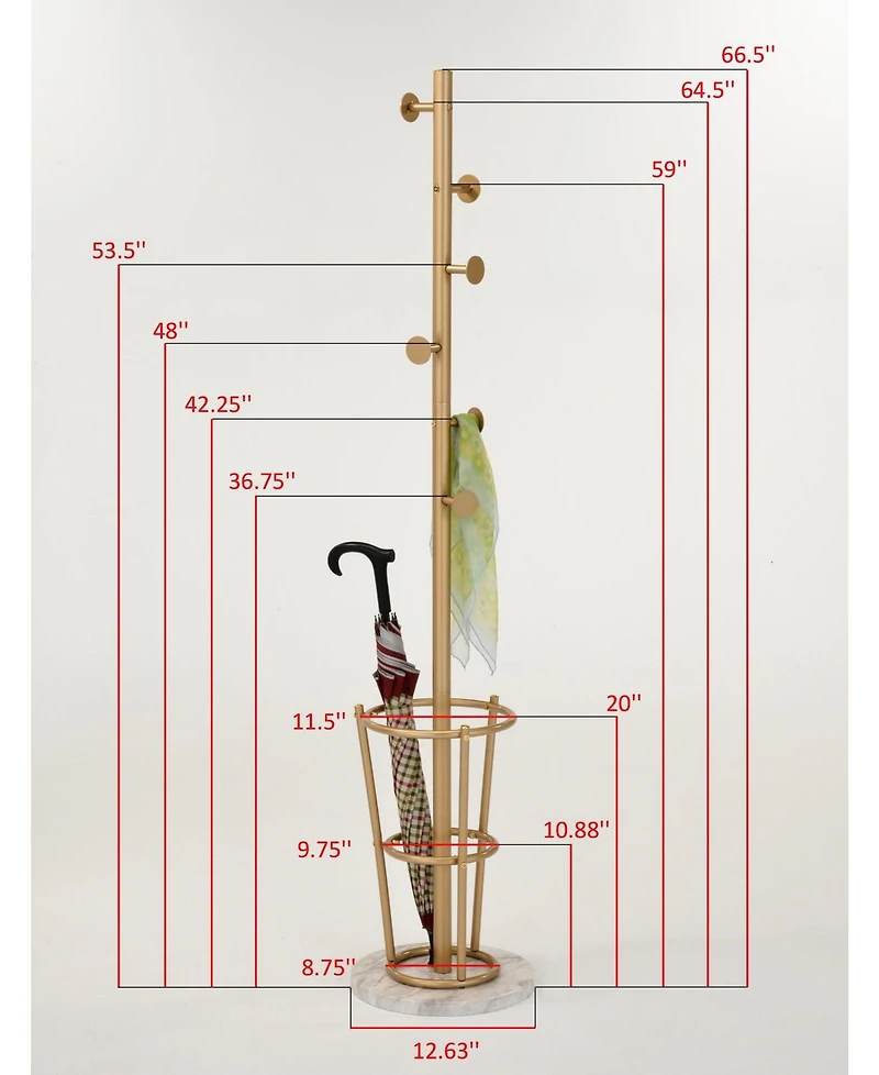 Kings Brand Furniture Freestanding Metal Hall Tree Coat Rack Stand with Umbrella Holder for Entryway Hanging Clothes, Hats, Bags (Gold)