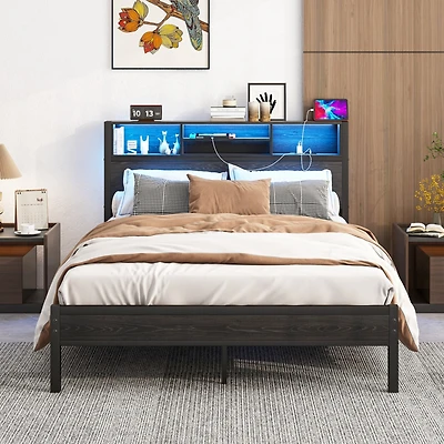 Streamdale Full Size Storage Bed Frame with Charging Station & Bookcase