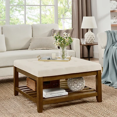 Streamdale Tufted Linen Ottoman with Wood Shelf and Frame
