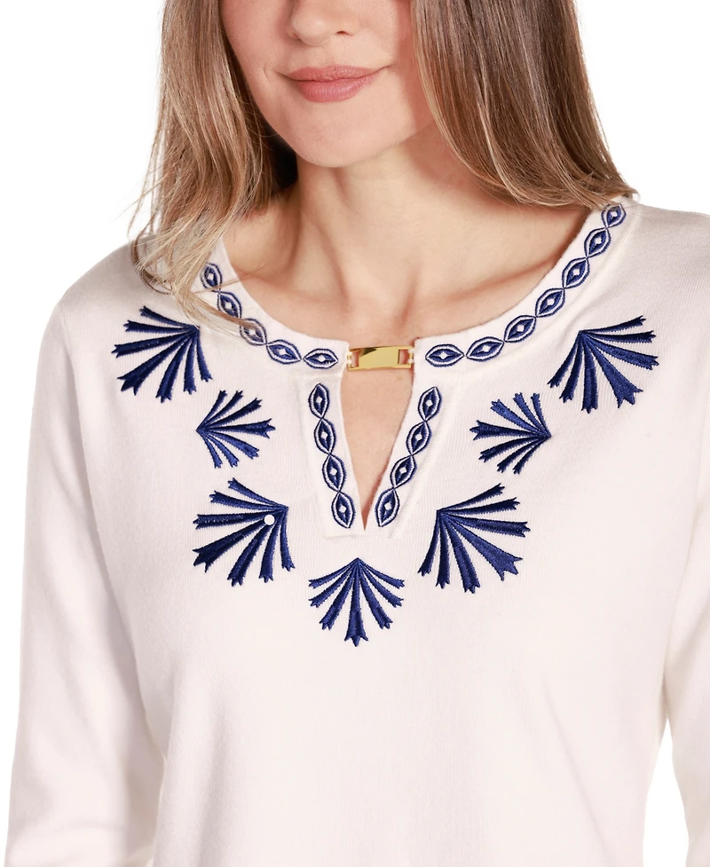 Belldini Women's Black Label Embroidered Split-Neck Sweater