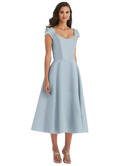 Alfred Sung Plus Puff Cap Sleeve Full Skirt Satin Midi Dress