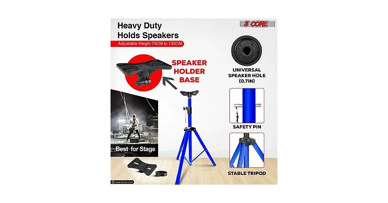 5 Core Speaker Stand Tripod Heavy Duty Adjustable Up to 72 Inch Dj Studio Monitor Stands Pole Mount - Blue - 2PCS