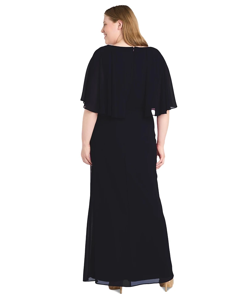 R & M Richards Plus Cape-Sleeve Embellished-Waist Gown