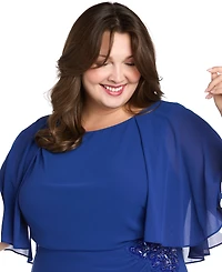 R & M Richards Plus Cape-Sleeve Embellished-Waist Gown