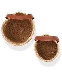 Casafield Set of 2 Wall Hanging Baskets with Handles (Small and Large) - Natural Water Hyacinth, Woven Boho Plant and Flower Storage Pots