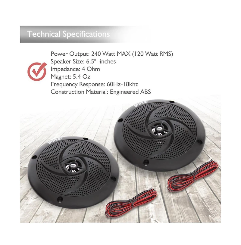 Pyle 6.5'' Low-Profile Waterproof Marine Speakers, 240W, Black (Pair)
