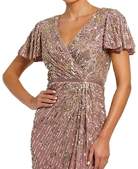 Mac Duggal Women's Embellished Faux Wrap Flutter Sleeve Dress