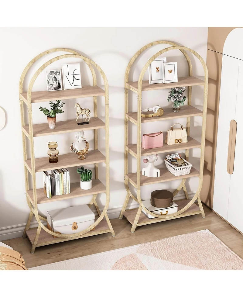 Tribesigns 5-Tier Open Bookshelf, 70.8" Tall Arched Bookcase, Modern Brown Metal Frame Storage Bookshelves