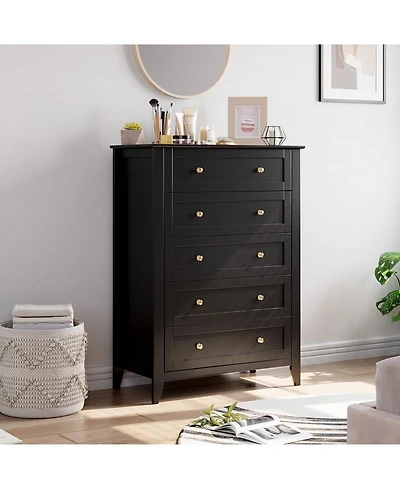 5 Chest Of Drawer Dresser, Modern Tall Nightstand With Deep Drawers And Nickel Round Handle, Wood Organizer Storage Cabinet For Bedroom, Living Room,