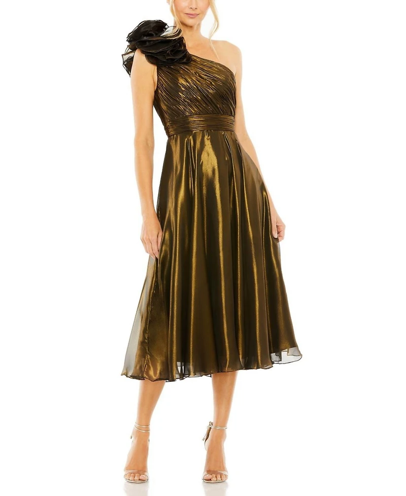 Women's Rosette One Shoulder Tea Length Dress