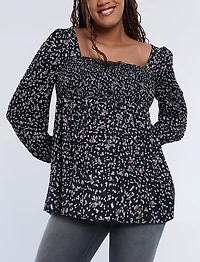 Motherhood Maternity Smocked Square Neck Long Sleeve Babydoll Top