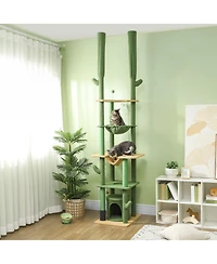 PawHut 89"-100" Floor to Ceiling Cat Tree w/ Grooming Brush Post,