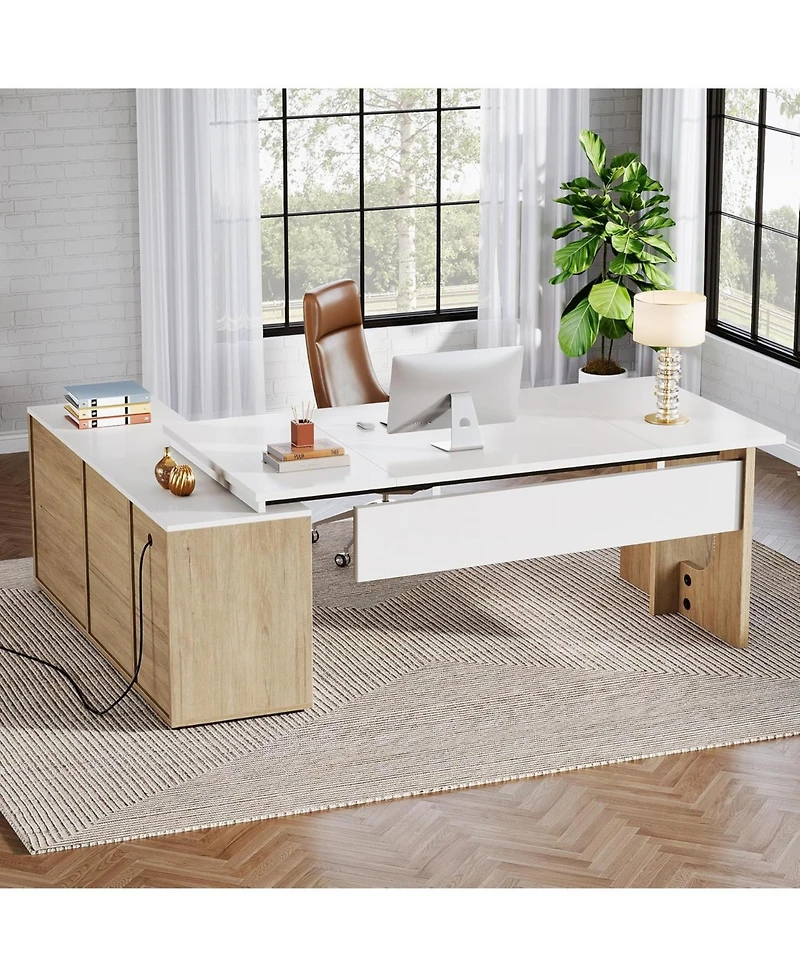 Tribesigns 74.8" Executive Desk, Large Office Desk with Cabinet, L Shaped Computer Desk with Shelves and Cpu Storage, Modern Home Office Desk Business