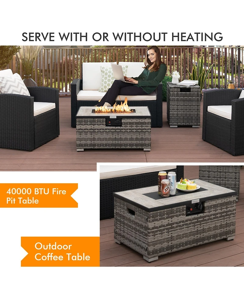 Sugift 32 x 20 Inch Propane Rattan Fire Pit Table Set with Side Table Tank and Cover