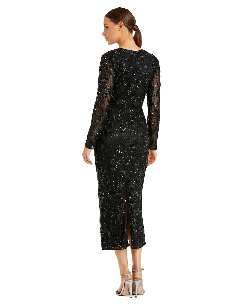 Mac Duggal Women's High Neck Long Sleeve Embellished Dress