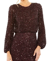 Mac Duggal Women's High Neck Long Sleeve Beaded Blouson Gown