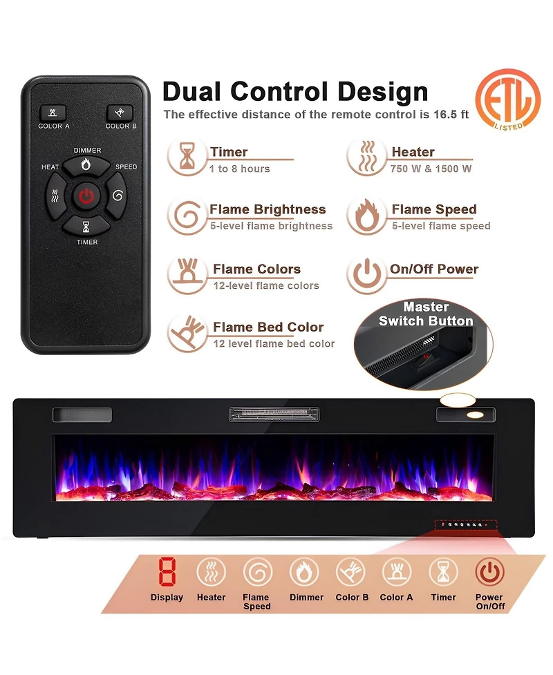 Sugift 68 Inch Ultra-Thin Electric Fireplace Recessed Wall Mounted with Crystal Log Decoration