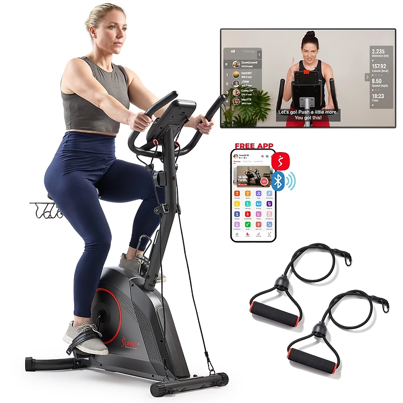 Sunny Health & Fitness Smart 16-Level Magnetic Resistance Upright Bike, with Workout Bands & Free SunnyFit App via Bluetooth