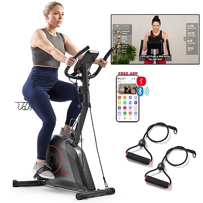 Sunny Health & Fitness Smart 16-Level Magnetic Resistance Upright Bike, with Workout Bands & Free SunnyFit App via Bluetooth