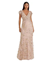 Mac Duggal Women's Embroidered Applique Wrap Over Flutter Sleeve Gown