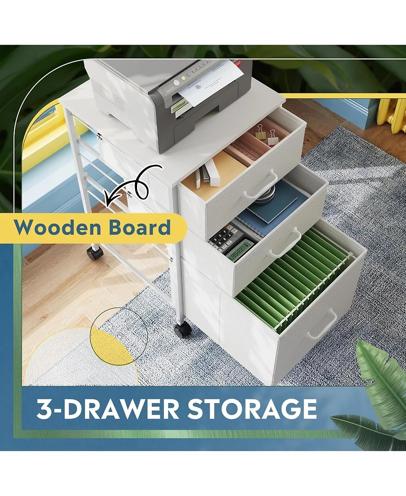 Mobile File Cabinet, Rolling Printer Stand with 3 Drawers, Fabric Vertical Filing Cabinet fits A4 or Letter Size for Home Office