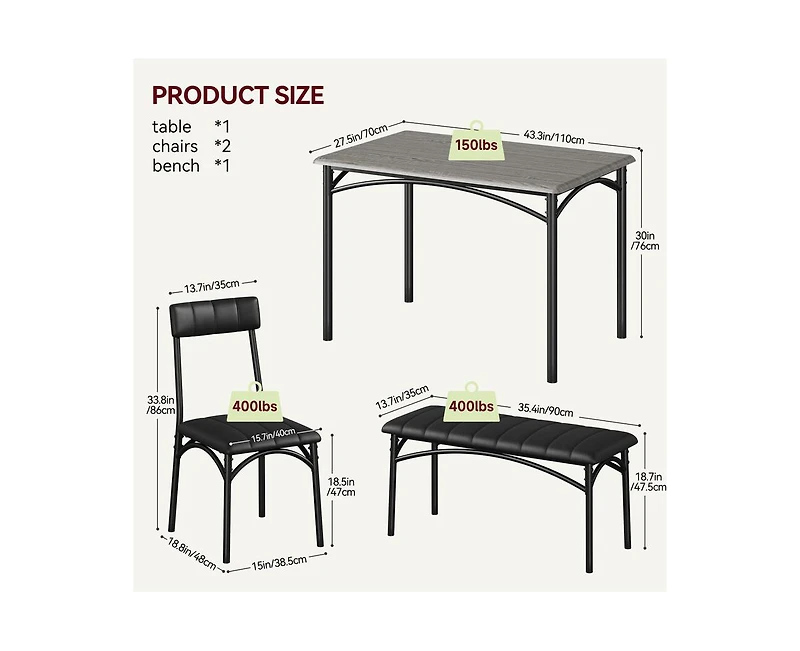 gaomon Dining Table Set for 5 Kitchen Table with 2 Upholstered Chairs and Bench 4 Pcs Rectangular Kitchen Table Set for Small Space Apartment Studio